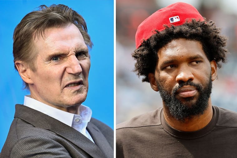 Sixers star Joel Embiid (right) was trolled in the new "Naked Gun" movie, which stars Liam Neeson.