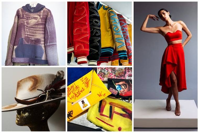 Clockwise from top left: Hamid Holloman; Paragon Charisma varsity jackets. Designer: Steve Aikins; red dress by Amazon Prime's "Making the Cut" alumnus, Jeanette Limas; RemixedbyLP handbags by Laura Price; fedora from Rasheeda Hall-Clark's SheWorkz Haberdashery.
