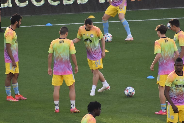 Dániel Gazdag, center, in pregame warmups with teammates before his Union debut game at D.C. United on May 23.