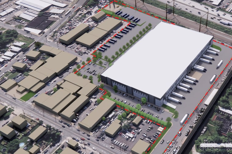 An overhead rendering of the proposed Rockefeller Group warehouse, next to Holmesburg Prison on the right.