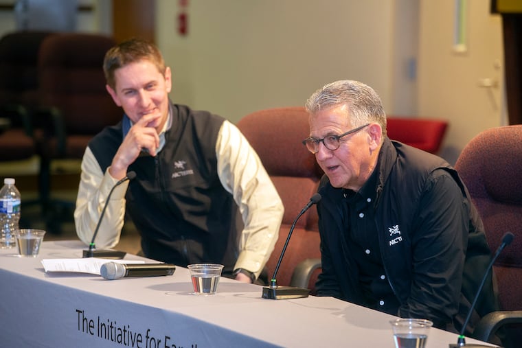 Herr Foods President and CEO Ed Herr (right) with his nephew and company vice president Troy Gunden answer questions after both speaking at the Haub School of Business on the campus of Saint Joseph’s University in Philadelphia as part of the Family Business Legacy Speaker Series at the college on Wednesday March 27, 2019.