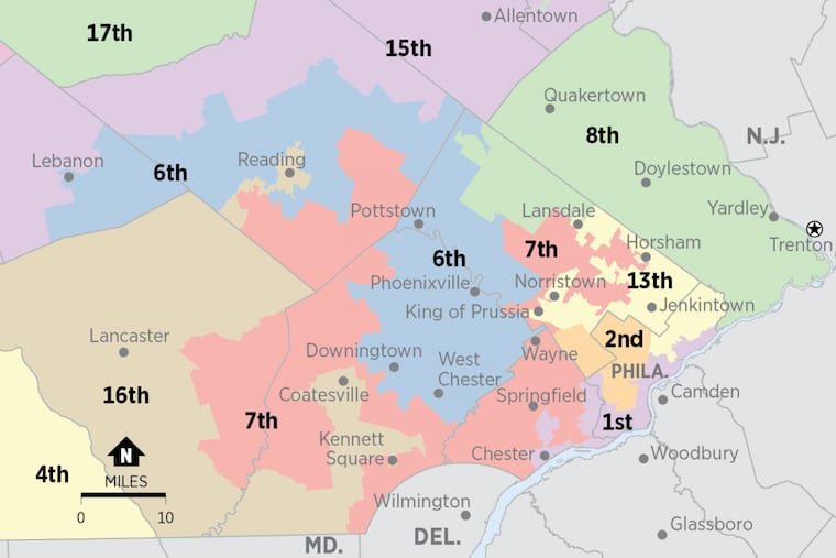 Congressional districts in Southeastern Pennsylvania. Pennsylvania’s map was ruled an unconstitutional partisan gerrymander by the Pennsylvania Supreme Court.