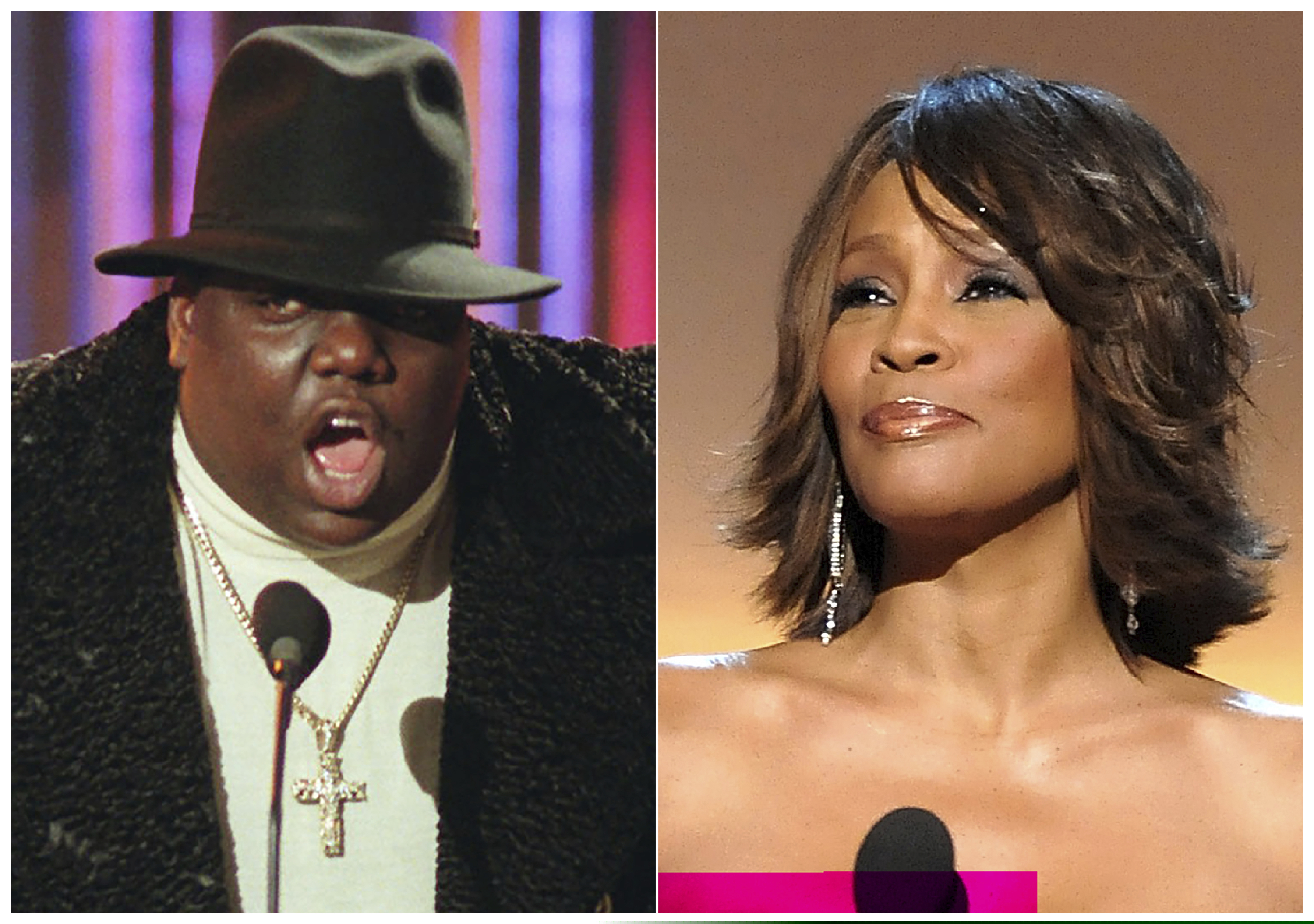 This combination photo shows the Notorious B.I.G., who won rap artist and rap single of the year, during the annual Billboard Music Awards in New York on Dec. 6, 1995, left, and singer Whitney Houston at the BET Honors in Washington on Jan. 17, 2009. The pair will be inducted into the Rock and Roll Hall of Fame's 2020 class.