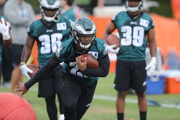 Miles Sanders at rookie camp at the NovaCare Complex Friday May 10, 2019