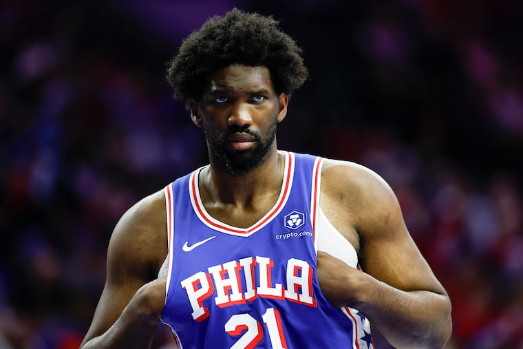 Sixers center Joel Embiid during a break against the New York Knicks in Game 3 of the first round NBA Eastern Conference playoffs on Thursday, April 25, 2024 in Philadelphia.