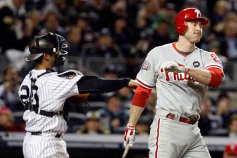 Chase Utley strikes out swinging against the Yankees during the fourth inning of Game 6 of the 2009 World Series. (Ron Cortes / Staff Photographer)