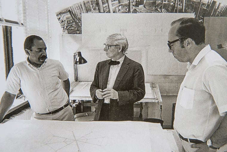 In this 1970 photo taken in Louis Kahn’s Walnut Street office, Kahn (center) talks with Henry Wilcots (left) about the roof structure of the National Assembly building in Dhaka, Bangladesh.