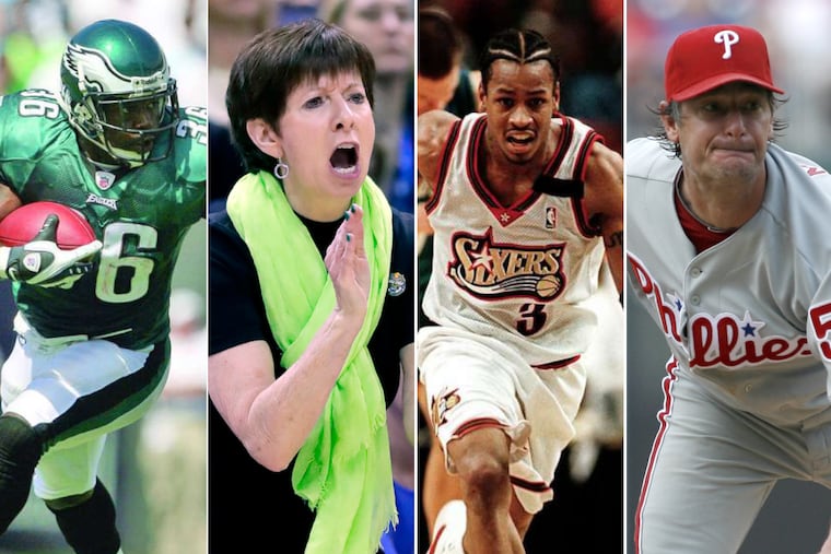 Brian Westbrook (left), Muffet McGraw, Allen Iverson and Jamie Moyer are part of the Philly Sports Hall of Fame's 2018 class.