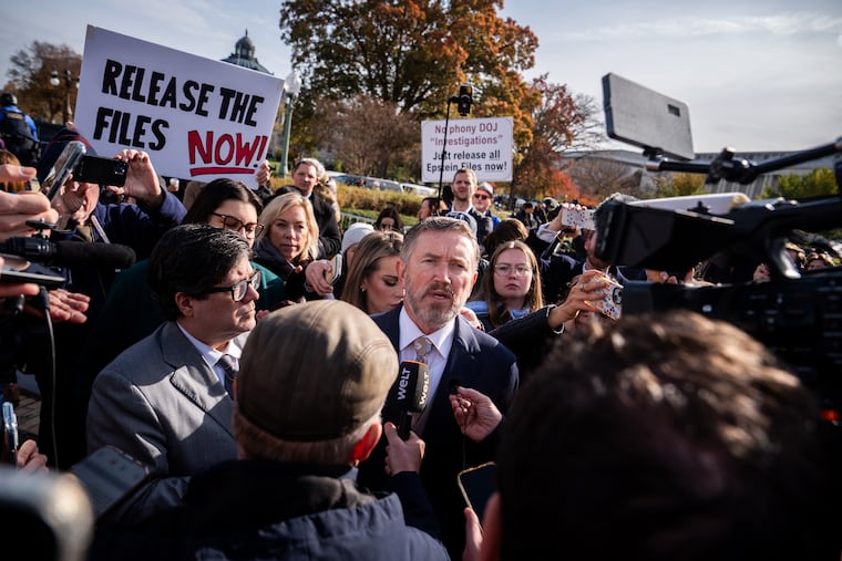 Rep. Thomas Massie (R-Ky.) speaks to reporters following a news conference on the Epstein Files Transparency Act outside of the U.S. Capitol in Washington on Tuesday, Nov. 18.