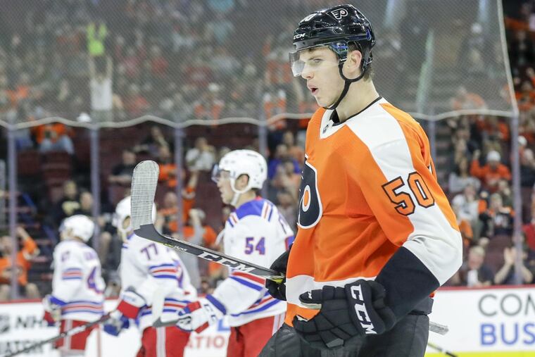 The Flyers’ Samuel Morin celebrates his first-period goal against the New York Rangers in a preseason game on Tuesday, Sept. 26, 2017, at the Wells Fargo Center in Philadelphia.