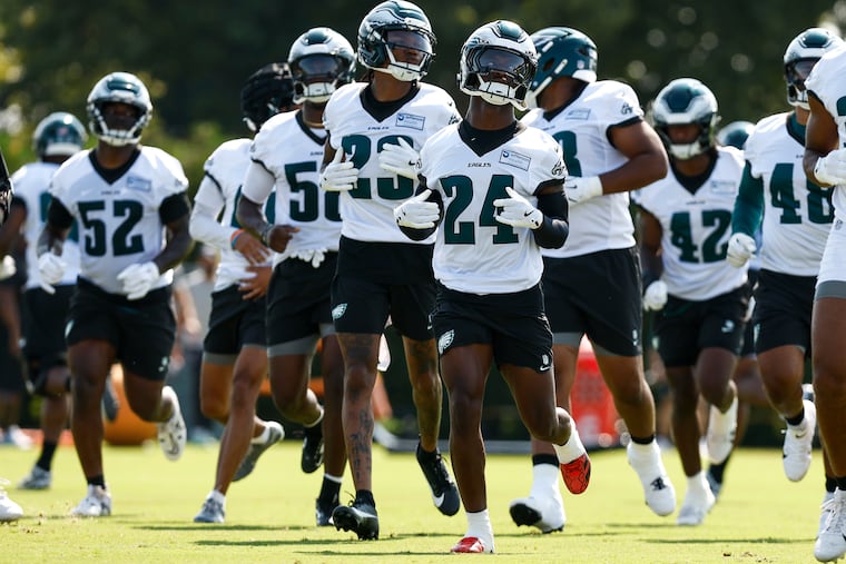 Eagles rookie Andrew Mukuba was first up at safety opposite Reed Blankenship on Thursday.