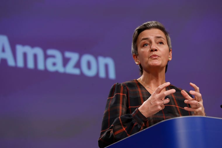 European Executive Vice-President Margrethe Vestager speaks during a press conference regarding an antitrust case with Amazon at EU headquarters in Brussels on Tuesday.
