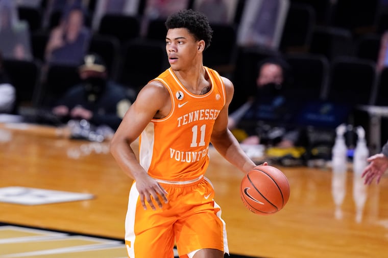 Tennessee's Jaden Springer (11) plays against Vanderbilt in the second half of an NCAA college basketball game Wednesday, Feb. 24, 2021, in Nashville, Tenn. (AP Photo/Mark Humphrey)