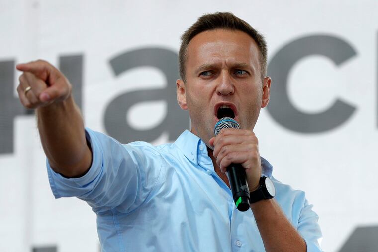 Russian opposition activist Alexei Navalny, shown speaking at a political protest in Moscow in July 2019.