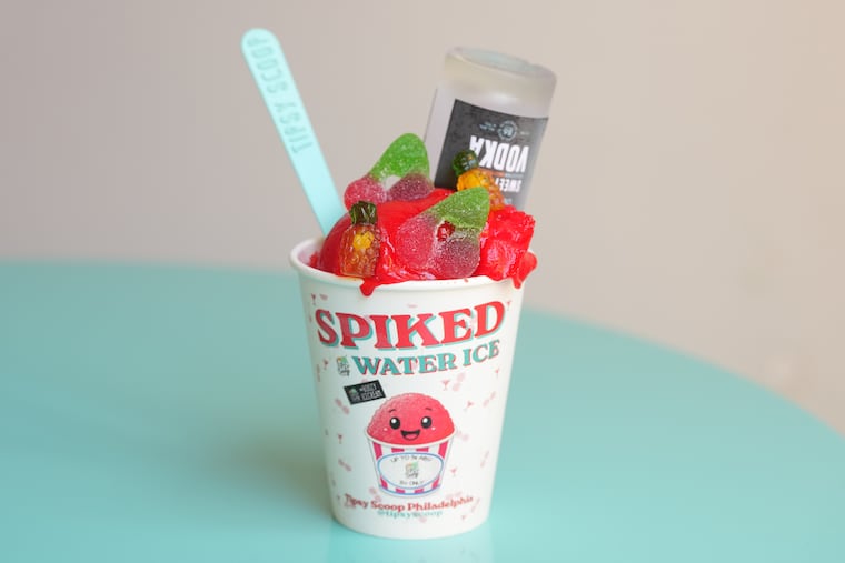 The Philly Phreeze sundae at Tipsy Scoop in Rittenhouse Square, which is comprised of vodka-infused cherry water ice topped with gummy candies.