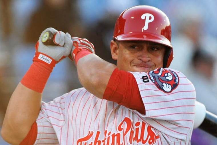 Carlos Ruiz begins his rehab assignment playing for the Reading Phillies against the New Hampshire Fisher Cats Friday, April 24, 2013 in Reading, PA. (Bradley C Bower/Staff Photographer))