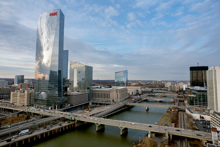 The FMC Building and west bank of the Schuylkill River.