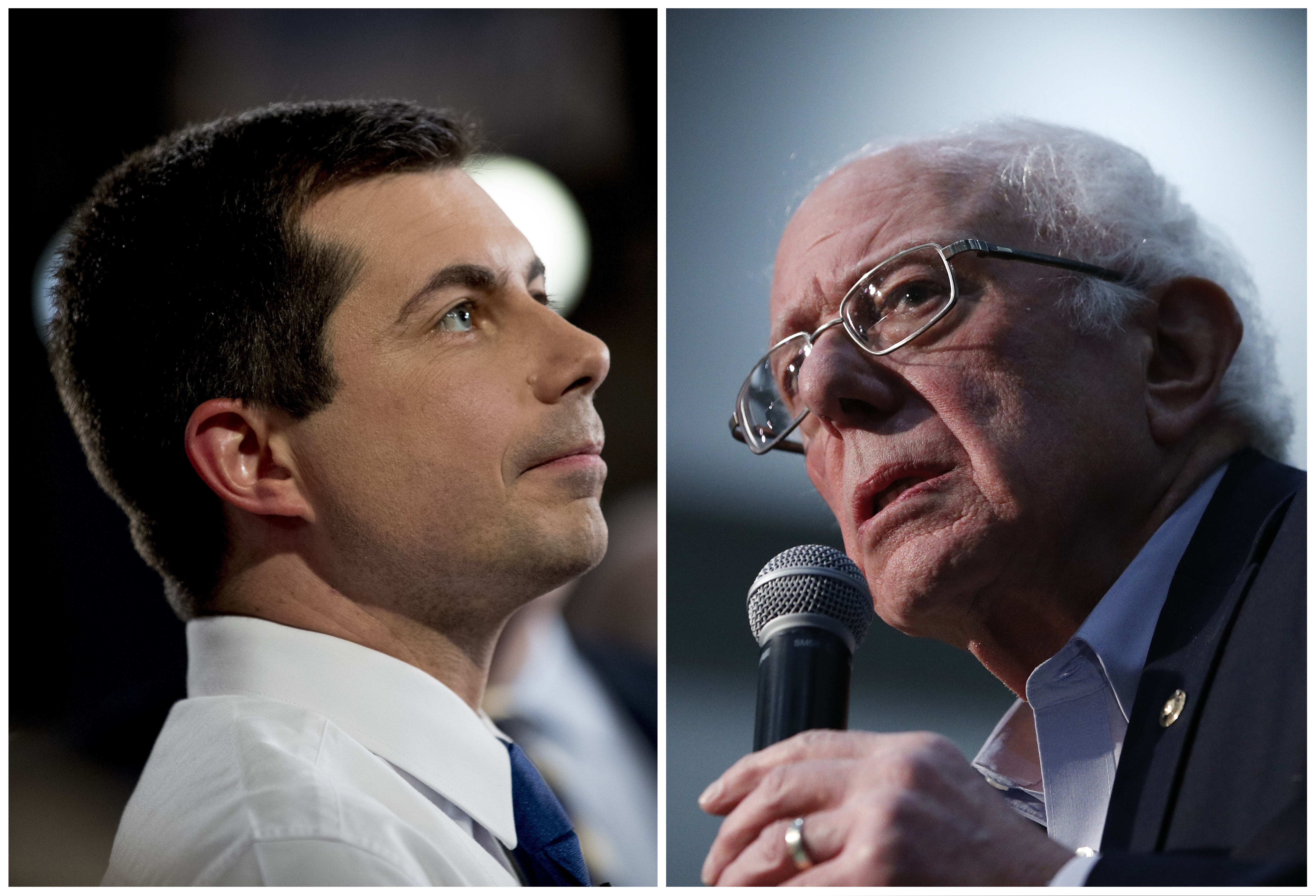 Former South Bend, Ind., Mayor Pete Buttigieg (left) in Des Moines, Iowa, and Sen. Bernie Sanders in Sioux City, Iowa.