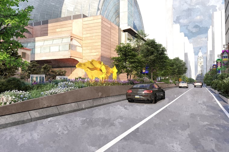 A rendering shows the median on South Broad Street in front of the Kimmel Center, part of the larger AveArts 2.0 project, which will include sculptures by artist Miguel Horn