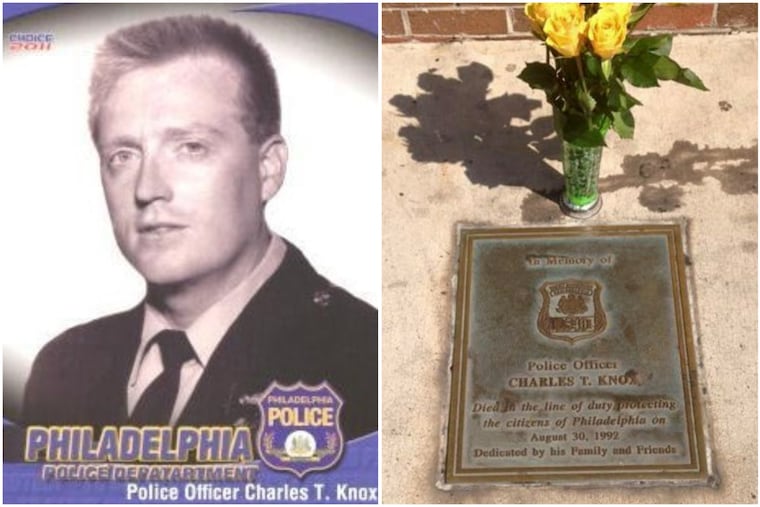 A photo of Philadelphia Police Officer Charles Knox and a memorial for him that police say has been stolen.