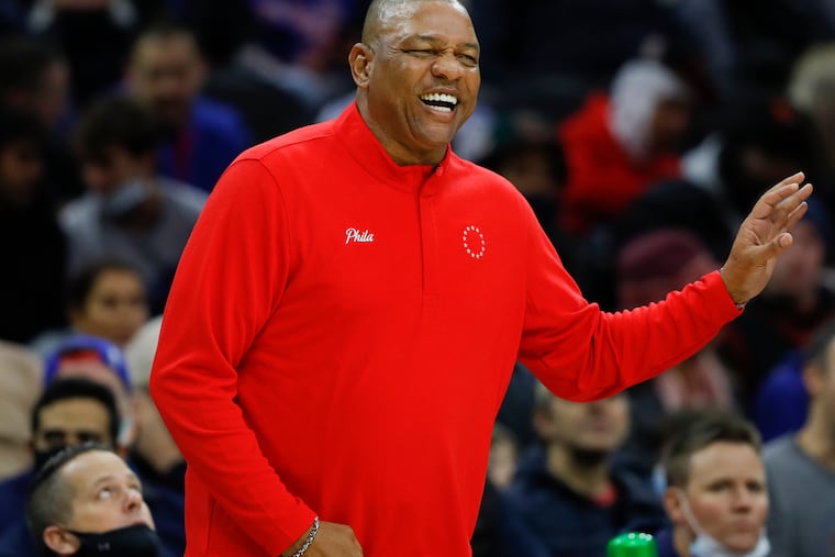 Sixers Head Coach Doc Rivers laughs during Thursday's game against the Utah Jazz.