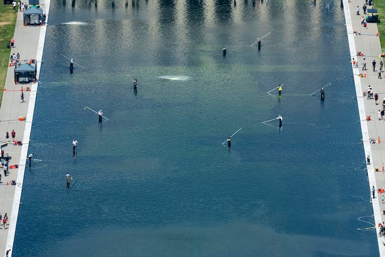 A view from the Washington Monument as workers continue to mitigate the algae blooms that have overrun the Reflecting Pool in Washington, June 21, 2026. Bulky “nanobubbler” machines were carted off ahead of a promotional event for President Trump’s Ultimate Fighting Championship birthday party.
