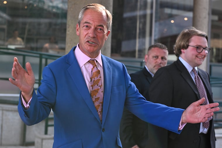 Britain's Reform UK leader Nigel Farage leaves Milbank Tower after he said he'll quit his Parliament seat and seek reelection in London, Tuesday, July 7, 2026.