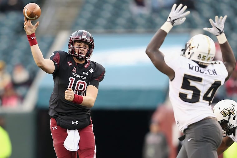 Temple quarterback Frank Nutile (18) throws a pass during a game against UCF at Lincoln Financial Field on Saturday, Nov 18, 2017. TIM TAI / Staff Photographer