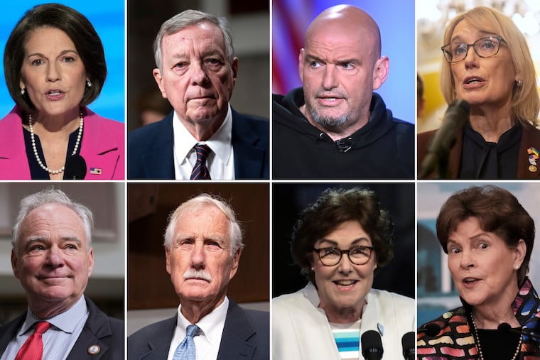 This combination photo of the eight U.S. senators who are facing criticism from the Democratic Party for their deal to end the government shutdown shows (top row from left) Sen. Catherine Cortez Masto (D., Nev.), Senate Judiciary Committee Chairman Dick Durbin (D., Ill.), Sen. John Fetterman (D., Pa.), Sen. Maggie Hassan (D., N.H.), and (bottom row from left) Sen. Tim Kaine (D., Va.), Sen. Angus King (I., Maine), Sen. Jacky Rosen (D., Nev.), and Sen. Jeanne Shaheen (D., N.H.).