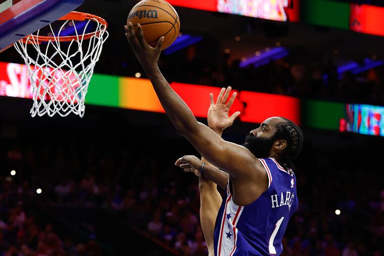 Sixers guard James Harden drives to the basket against the Boston Celtics during Game 4 of the Eastern Conference semifinal playoffs on Sunday, May 7, 2023 in Philadelphia.
