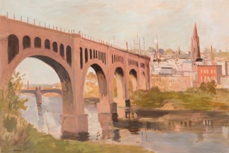Seymour Remenick 's "Railroad Bridge With St. David's Steeple, Manayunk," about 1968, oil on canvas.