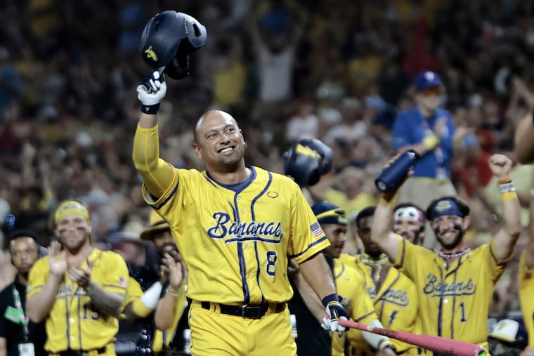 Former Phillies legend Shane Victorino batted for the Savannah Bananas during the 2024 Banana Ball World Tour at Citizens Bank Park on Saturday.