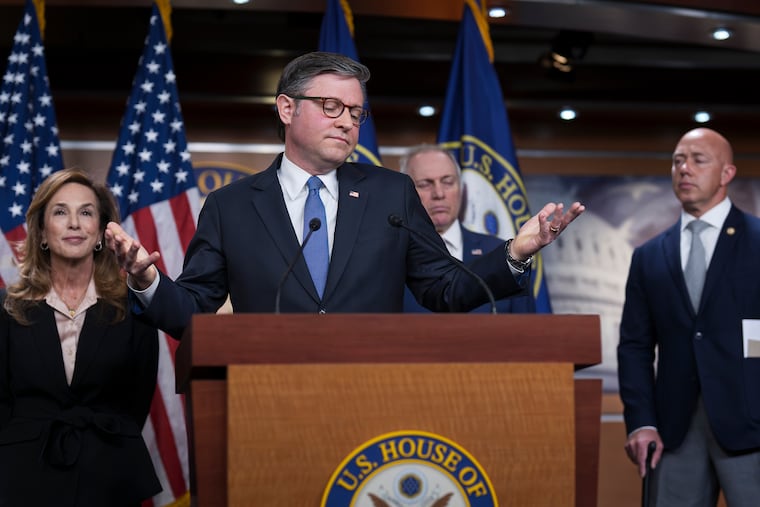 House Speaker Mike Johnson (R., La.) gestures as he and the GOP leadership talk about the war against Iran during a news conference Wednesday at the Capitol.