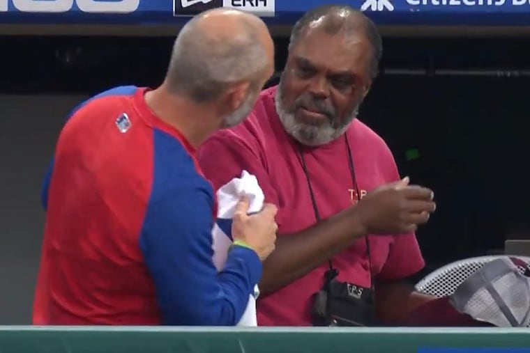 NBC Sports Philadelphia cameraperson Art Coleman was hit by an errant throw during Tuesday's Phillies-Blue Jays game.