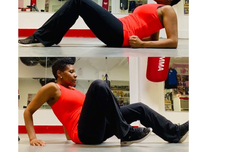 Demonstrating how to sit up and scoot backward or forward to a chair, no knee pressure.