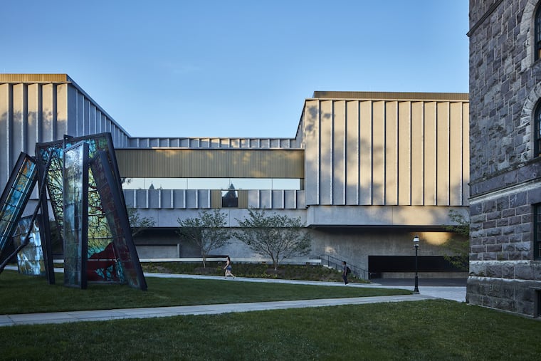 The west facade of the newly opened Princeton University Art Museum, in October 2025. On the left is Doug and Mike Starn's "(Any) Body Oddly Propped" (2015)