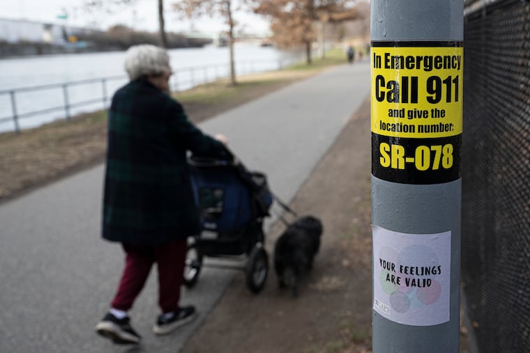 A location marker is shown along the Schuylkill River Trail in Philadelphia. Back in October, 81-year-old Barbara Krassenstein was walking her dog on the Schuylkill River Trail in Center City when she fell and struck her head. Unconscious and bleeding profusely, a bicyclist who came upon her called 911 but the dispatcher said they couldn't send an ambulance without a precise location.