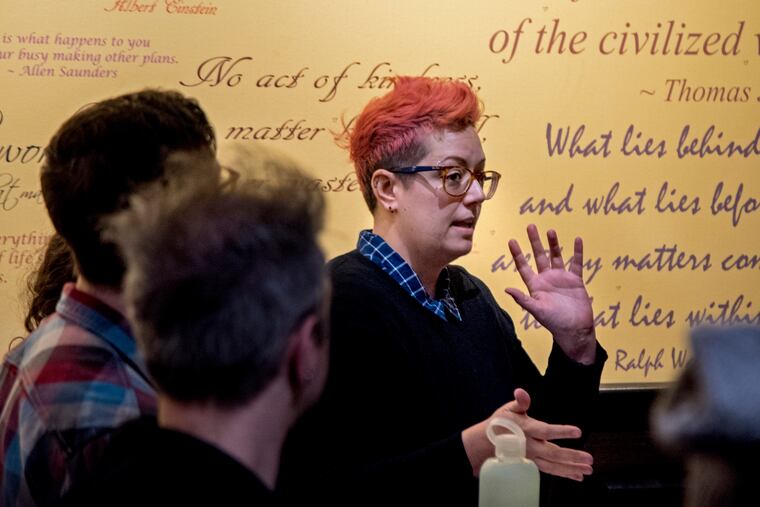 Jen Rossi speaks during a meeting of Collingswood Neighbors for Change held Feb. 13 at Common Grounds coffee shop in Oaklyn. Members of the grassroots group say Collingswood's government - composed of the mayor and two other elected commissioners - is insular, defensive and dismissive of concerns raised by many newer, more progressive and often younger borough residents.