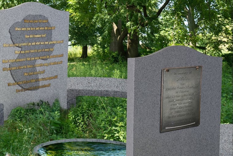 This is a rendering from artist Karyn Olivier of her proposal for a Dinah Memorial at Stenton. It includes an engraving of an image of Dinah in silhouette, with benches for people to sit and reflect.