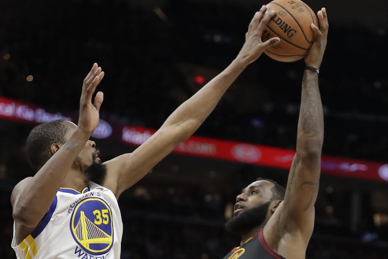 Kevin Durant blocks LeBron James during Game 3 of the NBA finals.