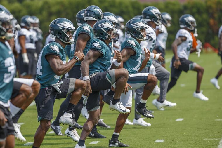 The Eagles run warm up drills at practice on Monday at the NovaCare Center on August 27, 2018.