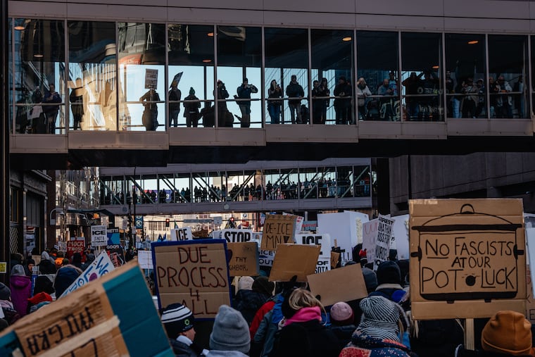 Protesters march in Minneapolis on Jan. 30, 2026, during a national strike against federal immigration policies. The government conducted expansive surveillance, infiltrated group chats and obtained financial records of left-leaning organizations never accused of crimes during Minnesota’s immigration crackdown.