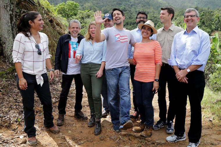 Lin-Manuel Miranda (middle) in support of Puerto Rican coffee farmers during a walking tour in Jayuya.