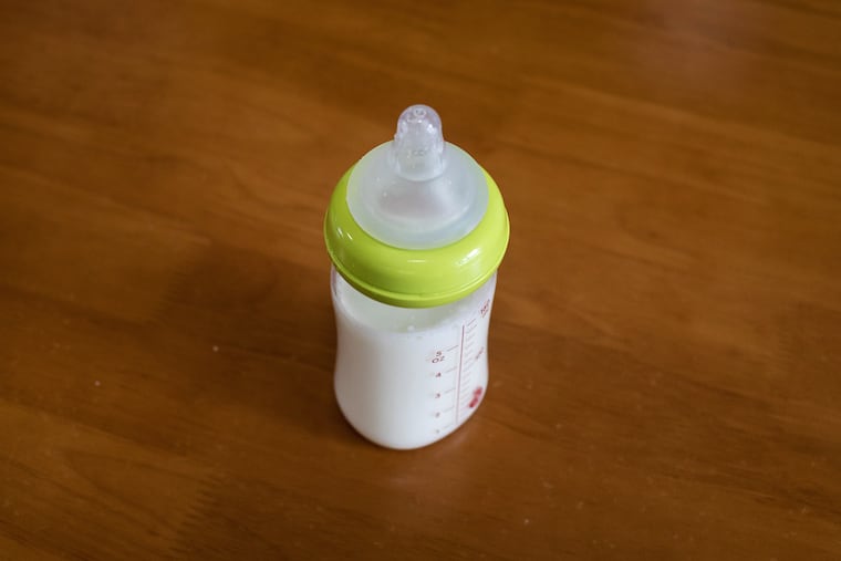 A bottle of milk prepared from infant formula.