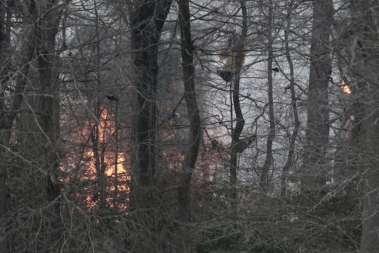Flames from an explosion are seen in Logan Township, Gloucester County, Wednesday, March 4, 2026.