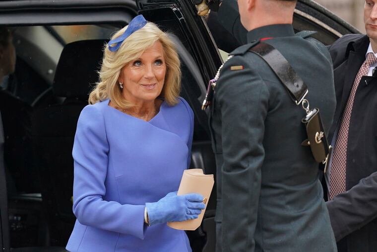 First lady Jill Biden arrives at Westminster Abbey prior to the coronation of Britain's King Charles III in London on Saturday.