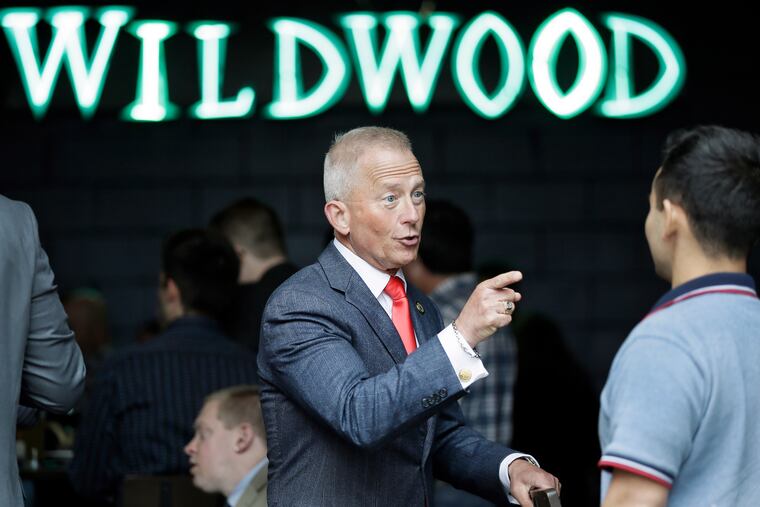 New Jersey 2nd congressional district candidate Democrat Jeff Van Drew (right) talks with Cape May County Freeholder candidate Democrat Jeremiah Schenerman during a young professionals fund raiser at Mud Hen Brewing Company in Wildwood, NJ on October 14, 2018.