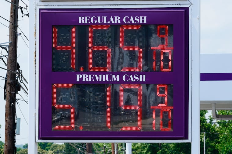 Gas prices are displayed at a filling station in Philadelphia, Tuesday, July 12, 2022. On Wednesday, July 13, 2022, the Labor Department will report on U.S. consumer prices for June.