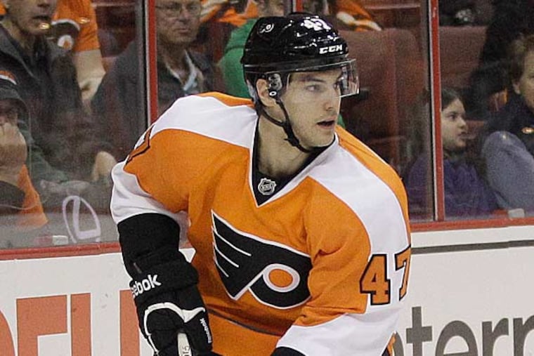 Philadelphia Flyers' Eric Wellwood during an NHL hockey game against the Florida Panthers, Thursday, March 8, 2012, in Philadelphia. (Matt Slocum/AP)