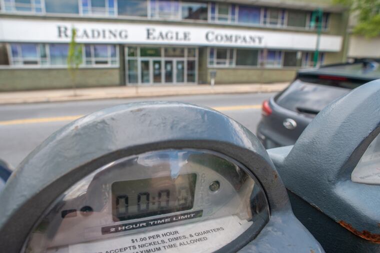 A parking meter with time expired in front of the the Reading Eagle. One qualified buyer has emerged.